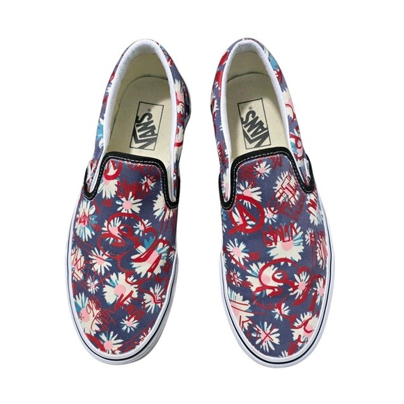 Vans Classic Slip on Shoes Womens Size 10 Crew Graffiti Floral Red Blue Canvas - Picture 11 of 11